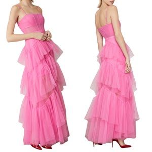 BCBGMAXAZRIA OLY Tiered Ruffle Tulle Gown flamingo pink size 8